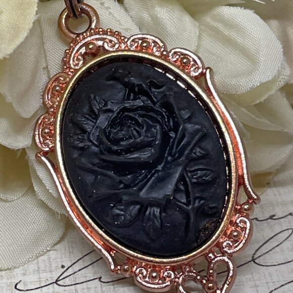 Gothic Steampunk Halloween Rose Gold Necklace Black Rose Cameo Witch Jewelry New - Picture 3 of 16